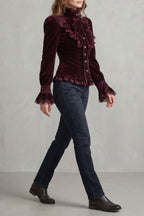 Women's Burgundy Velvet Victorian Blouse – Ruffled High Neck Bow Tie Blouse