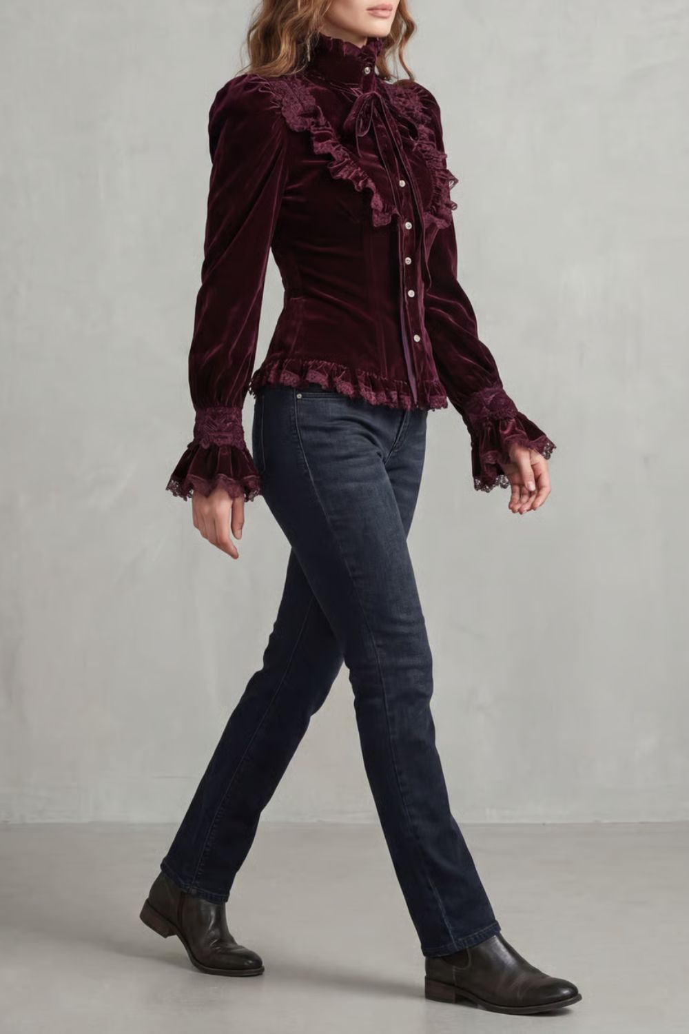 Women's Burgundy Velvet Victorian Blouse – Ruffled High Neck Bow Tie Blouse
