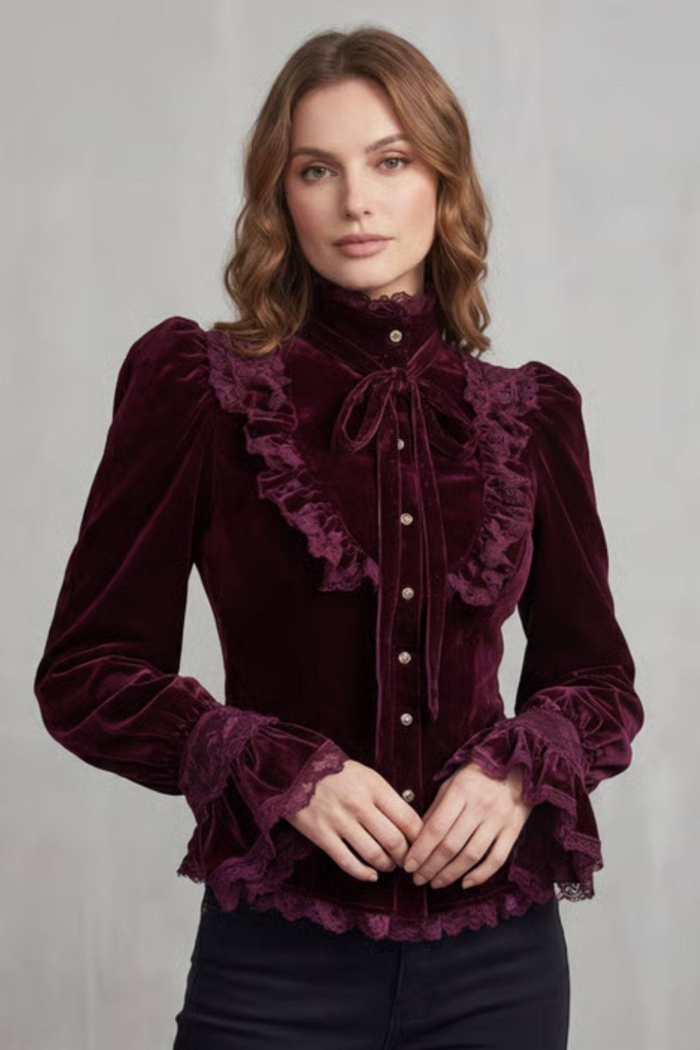 Women's Burgundy Velvet Victorian Blouse – Ruffled High Neck Bow Tie Blouse