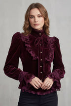 Women's Burgundy Velvet Victorian Blouse – Ruffled High Neck Bow Tie Blouse