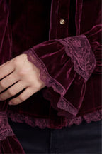 Women's Burgundy Velvet Victorian Blouse – Ruffled High Neck Bow Tie Blouse