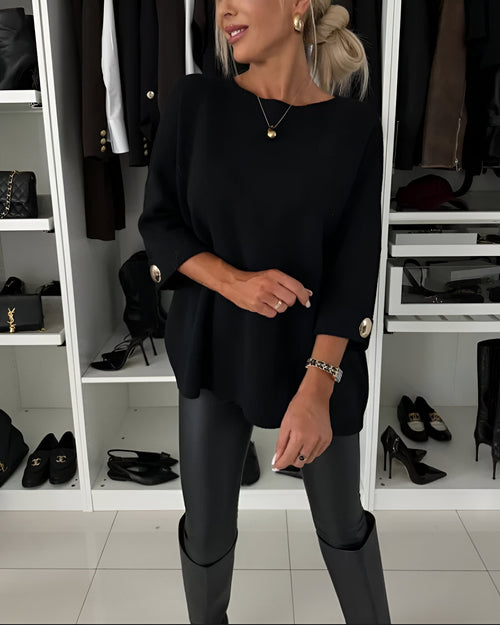 Kacob | Women's Button Cuff Jumper – Crew Neck Oversized Knit Jumper