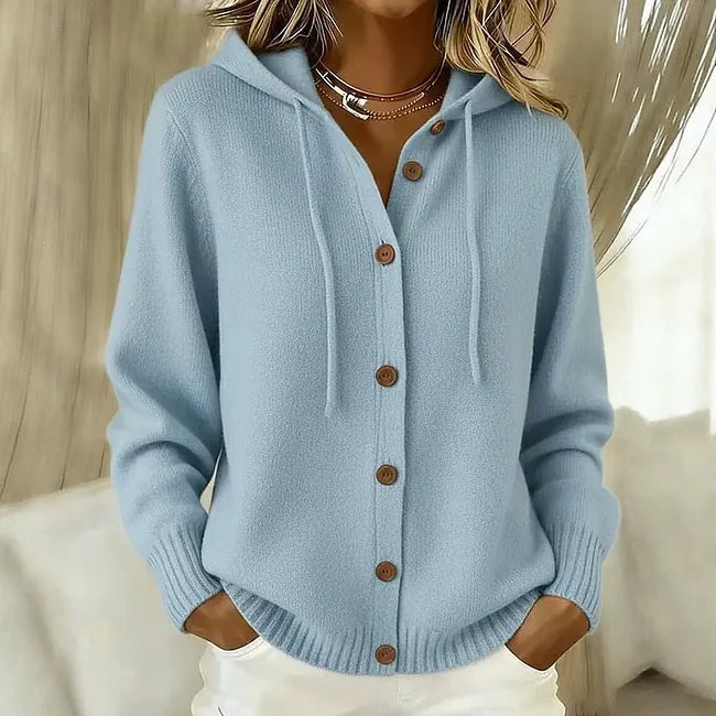 Women's Button Front Hooded Knit Cardigan Jumper – Drawstring Hood Relaxed Knit
