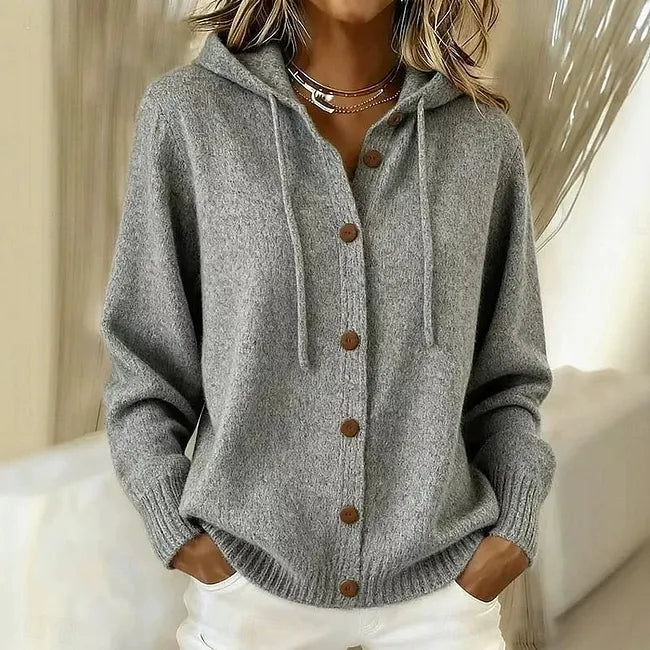 Women's Button Front Hooded Knit Cardigan Jumper – Drawstring Hood Relaxed Knit