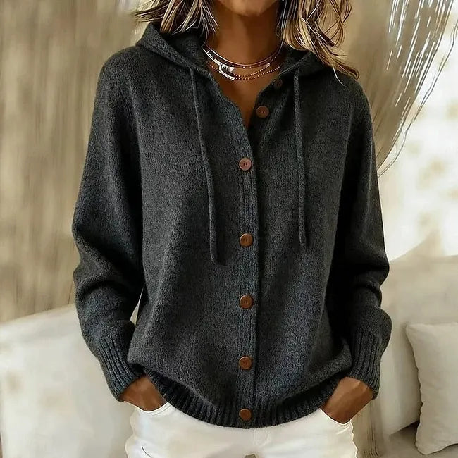Women's Button Front Hooded Knit Cardigan Jumper – Drawstring Hood Relaxed Knit