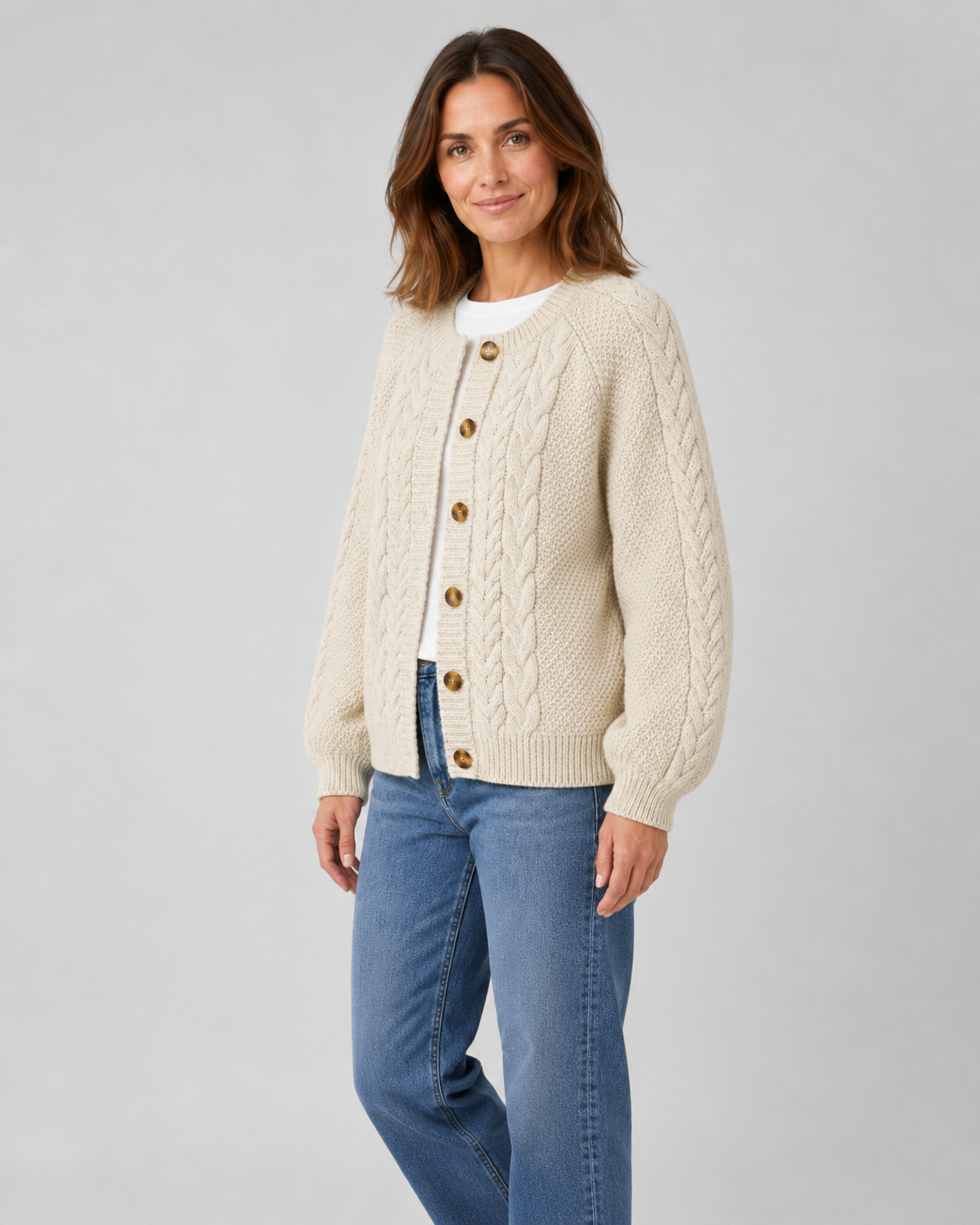 Women's Cable Knit Cardigan – Raglan Sleeve Button Front