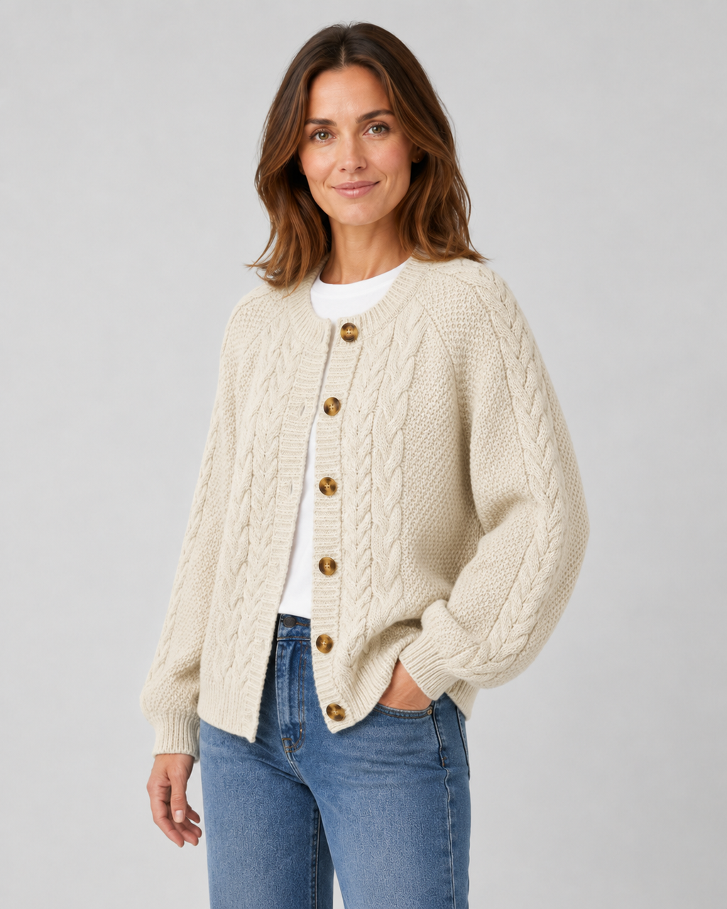 Women's Cable Knit Cardigan – Raglan Sleeve Button Front