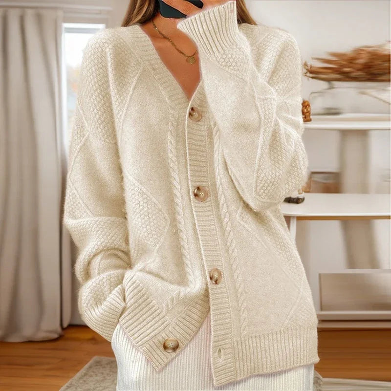 Kacob | Women's Cable Knit Cardigan – V-Neck Button Up Chunky Cardigan