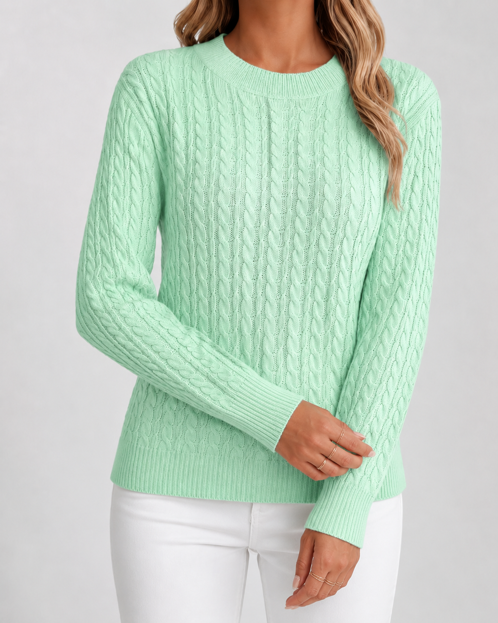 Women's Cable Knit Crew Neck Jumper – Ribbed Trims