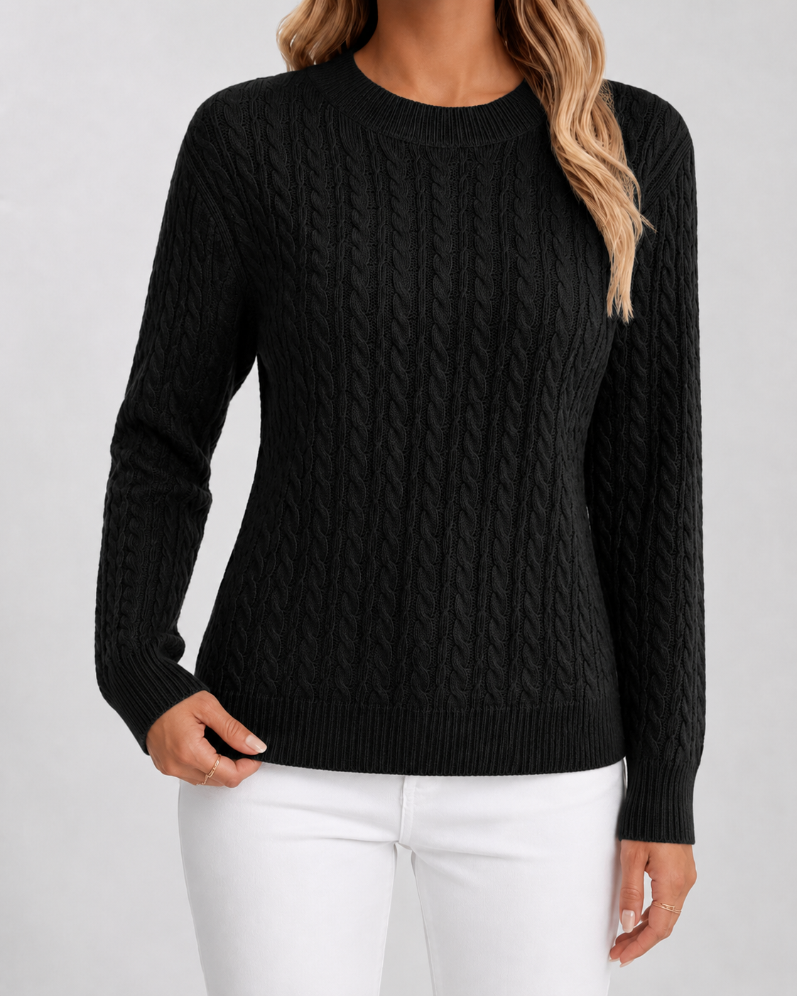 Women's Cable Knit Crew Neck Jumper – Ribbed Trims