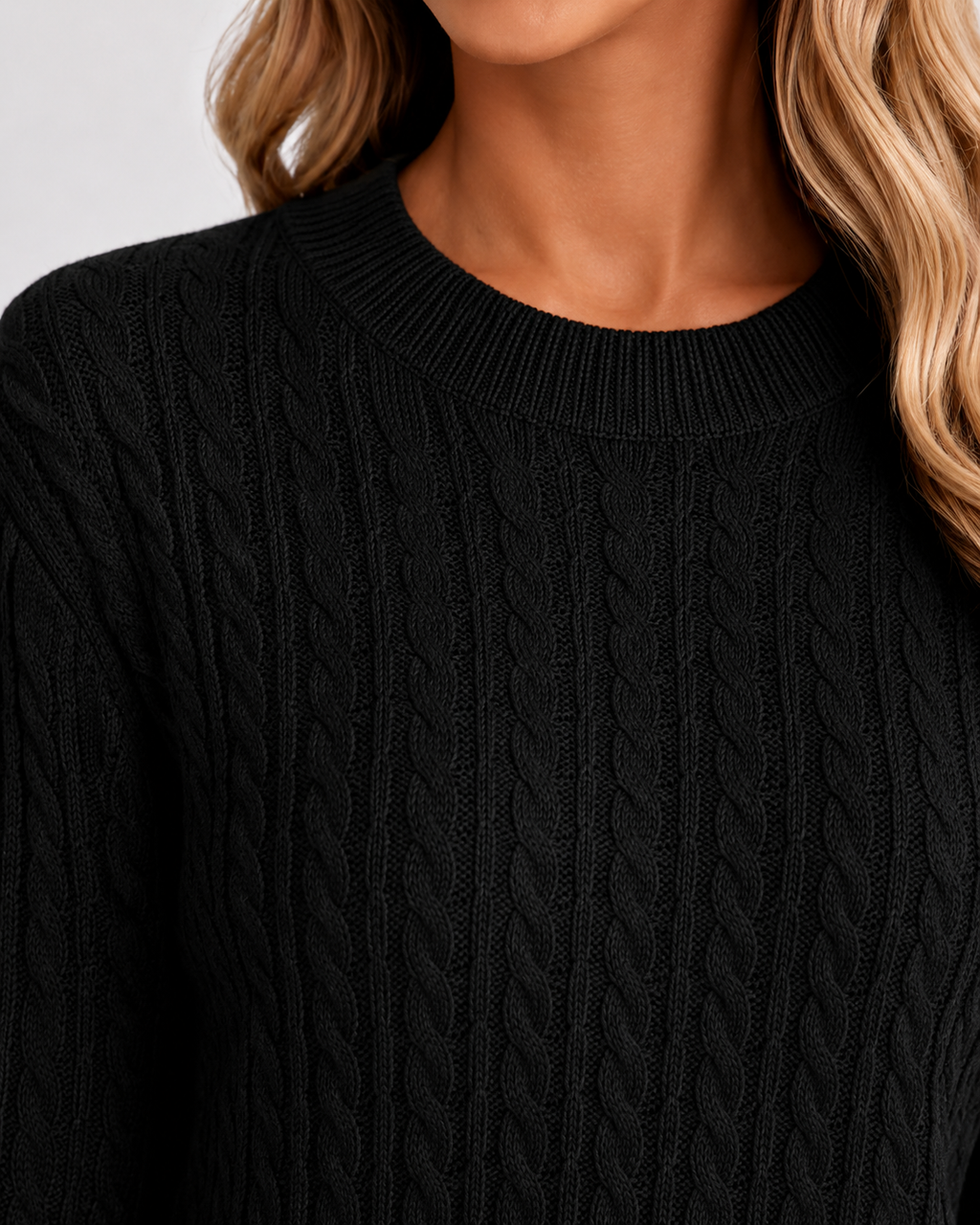 Women's Cable Knit Crew Neck Jumper – Ribbed Trims