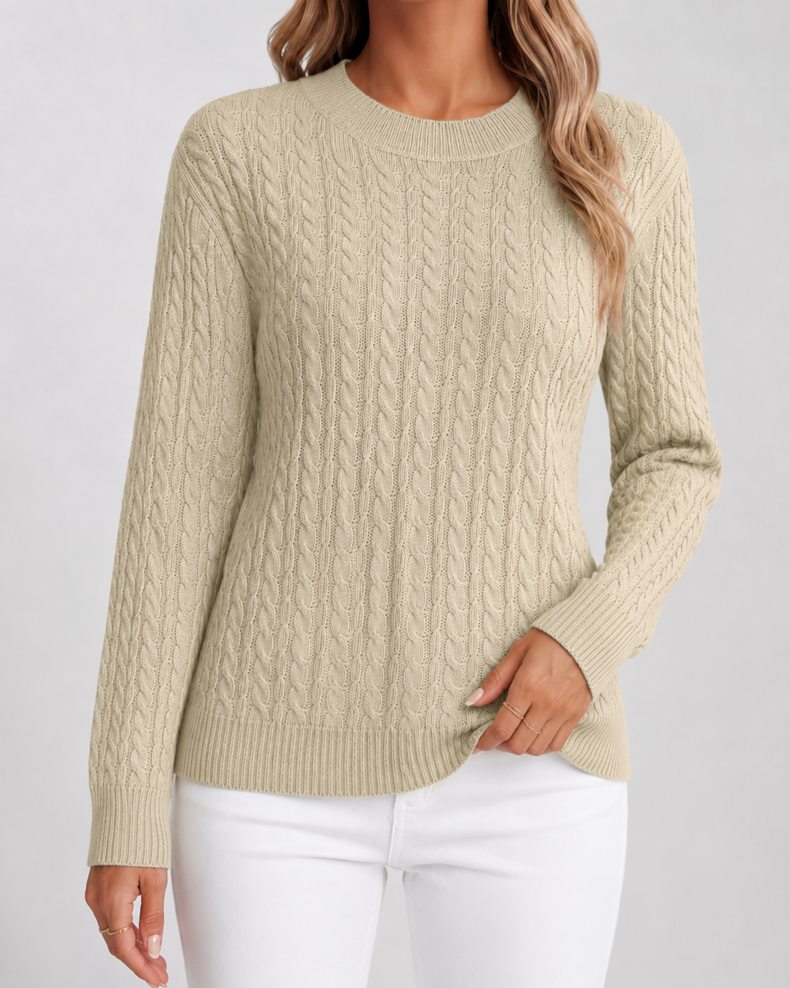 Women's Cable Knit Crew Neck Jumper – Ribbed Trims
