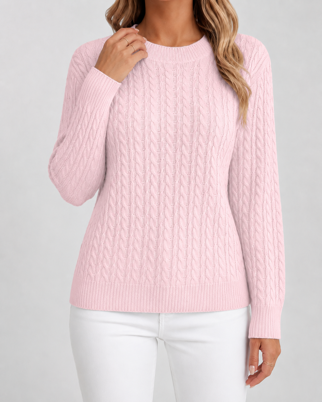 Women's Cable Knit Crew Neck Jumper – Ribbed Trims