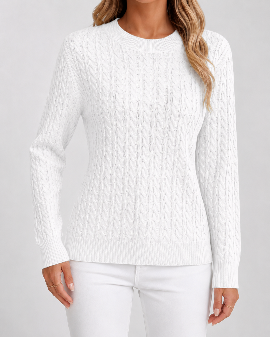 Women's Cable Knit Crew Neck Jumper – Ribbed Trims