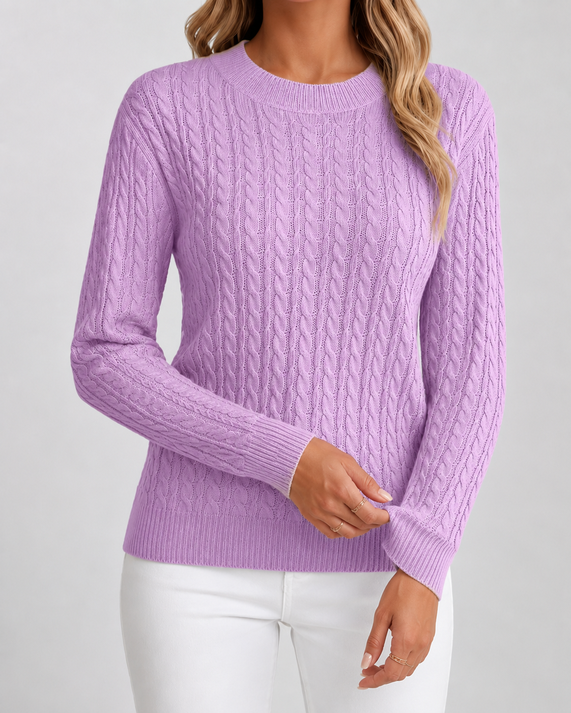 Women's Cable Knit Crew Neck Jumper – Ribbed Trims