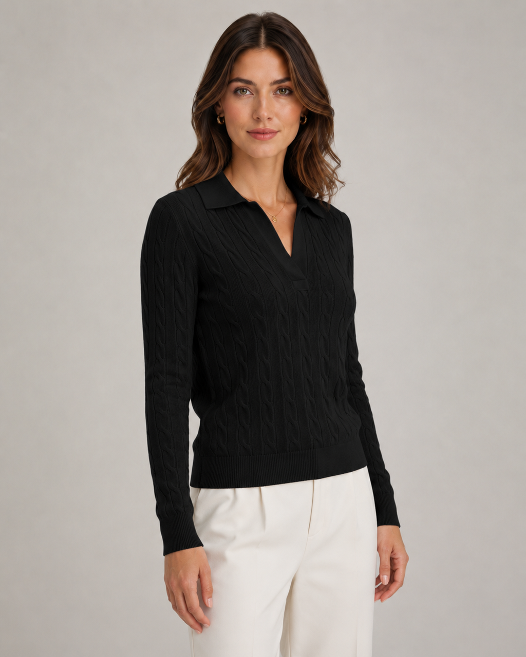 Women's Cable Knit Polo Collar Jumper