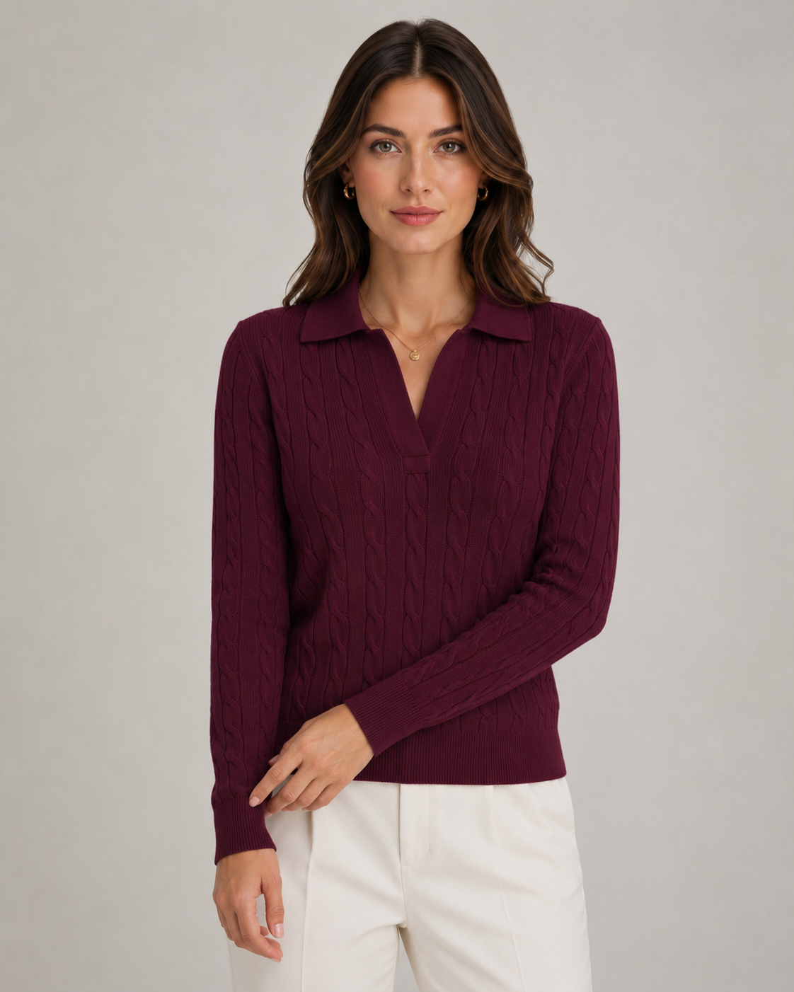 Women's Cable Knit Polo Collar Jumper