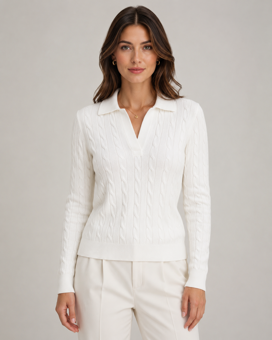 Women's Cable Knit Polo Collar Jumper