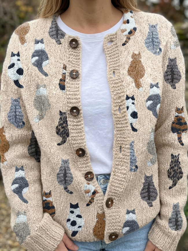 Kacob | Women's Cat Print Button Front Knitted Cardigan – Relaxed Autumn Layer