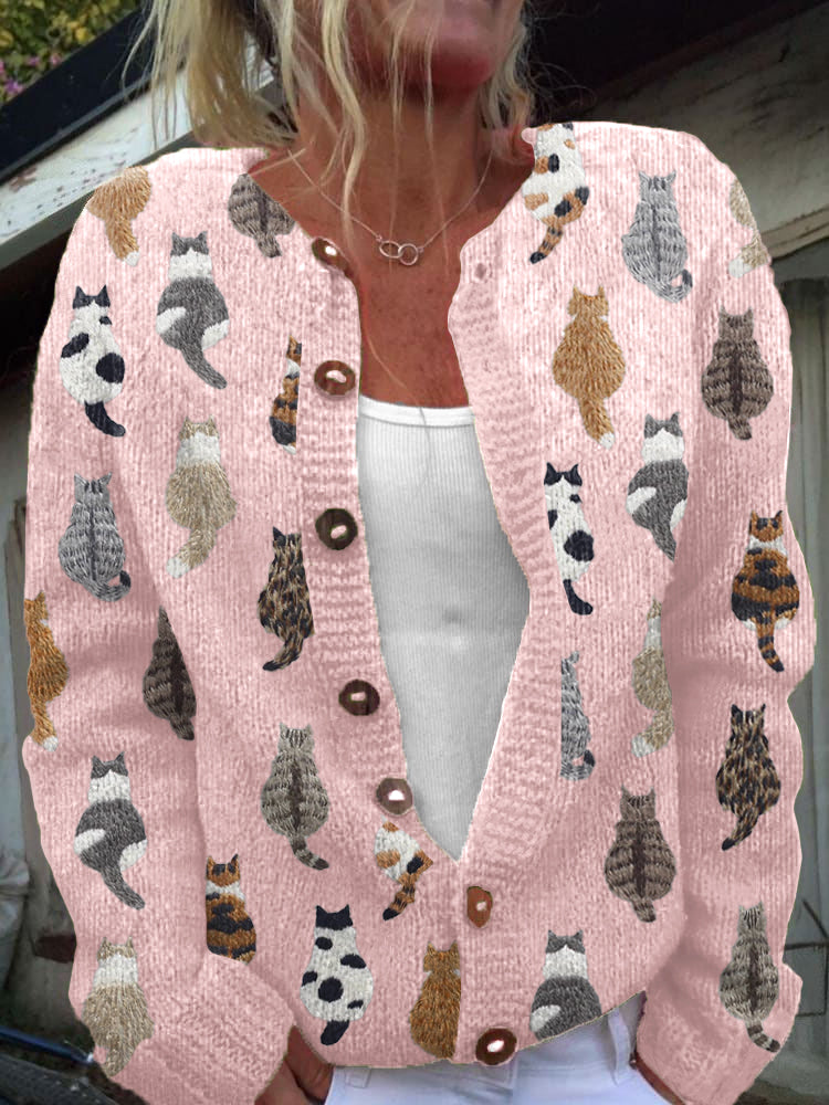 Kacob | Women's Cat Print Button Front Knitted Cardigan – Relaxed Autumn Layer