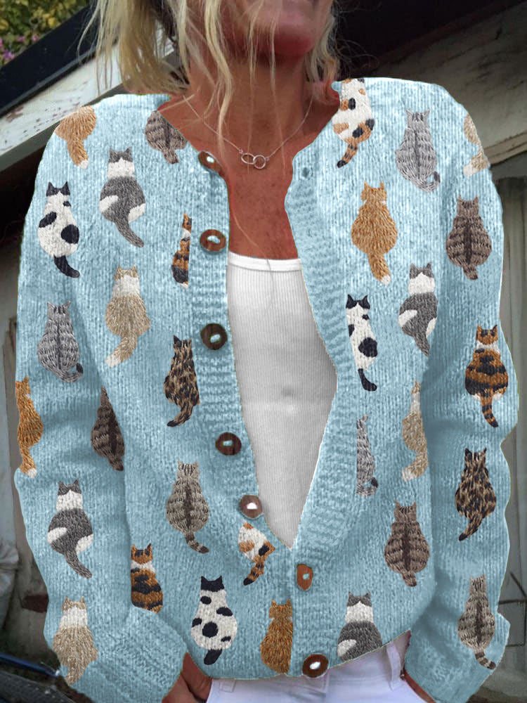 Kacob | Women's Cat Print Button Front Knitted Cardigan – Relaxed Autumn Layer