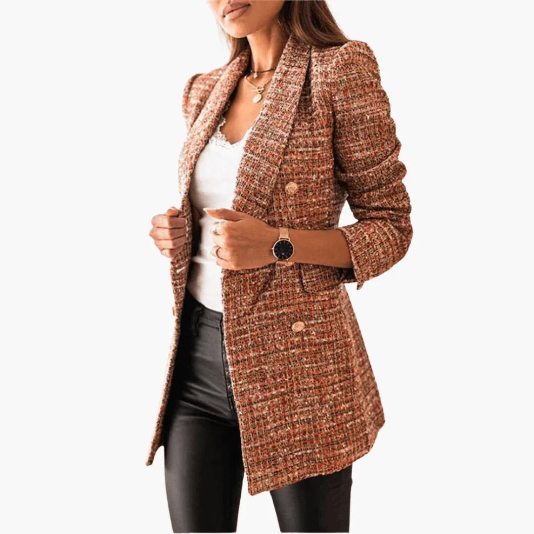 Kacob | Women's Check Blazer – Double Breasted Gold Button Tailored Jacket