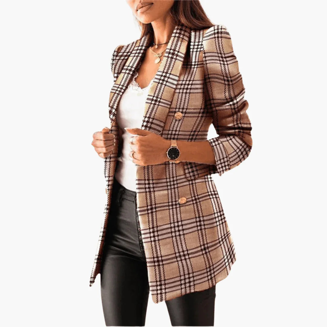 Kacob | Women's Check Blazer – Double Breasted Gold Button Tailored Jacket