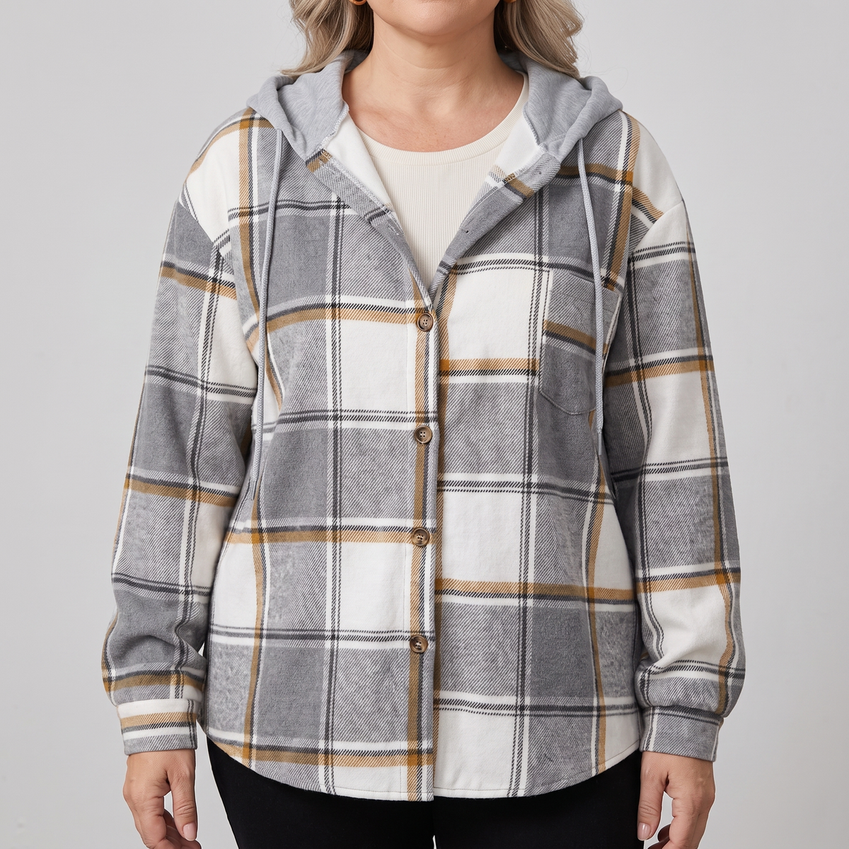 Kacob | Women's Check Hooded Coat – Single-Breasted Plaid Winter Coat