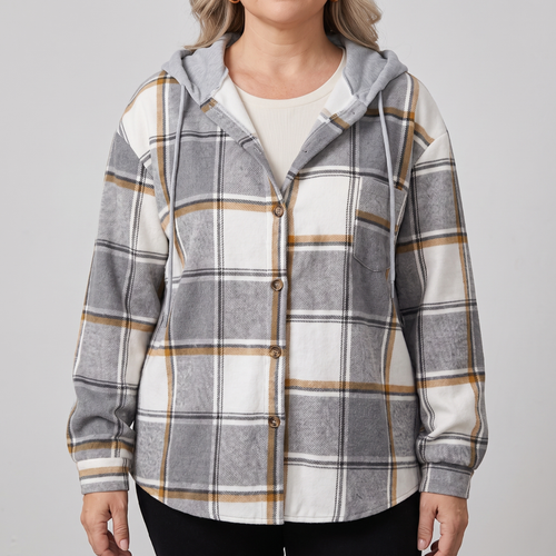 Kacob | Women's Check Hooded Coat – Single-Breasted Plaid Winter Coat