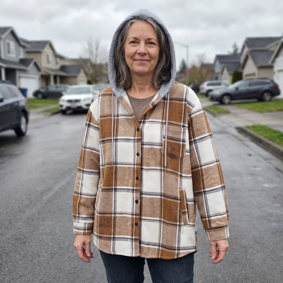 Kacob | Women's Check Hooded Coat – Single-Breasted Plaid Winter Coat