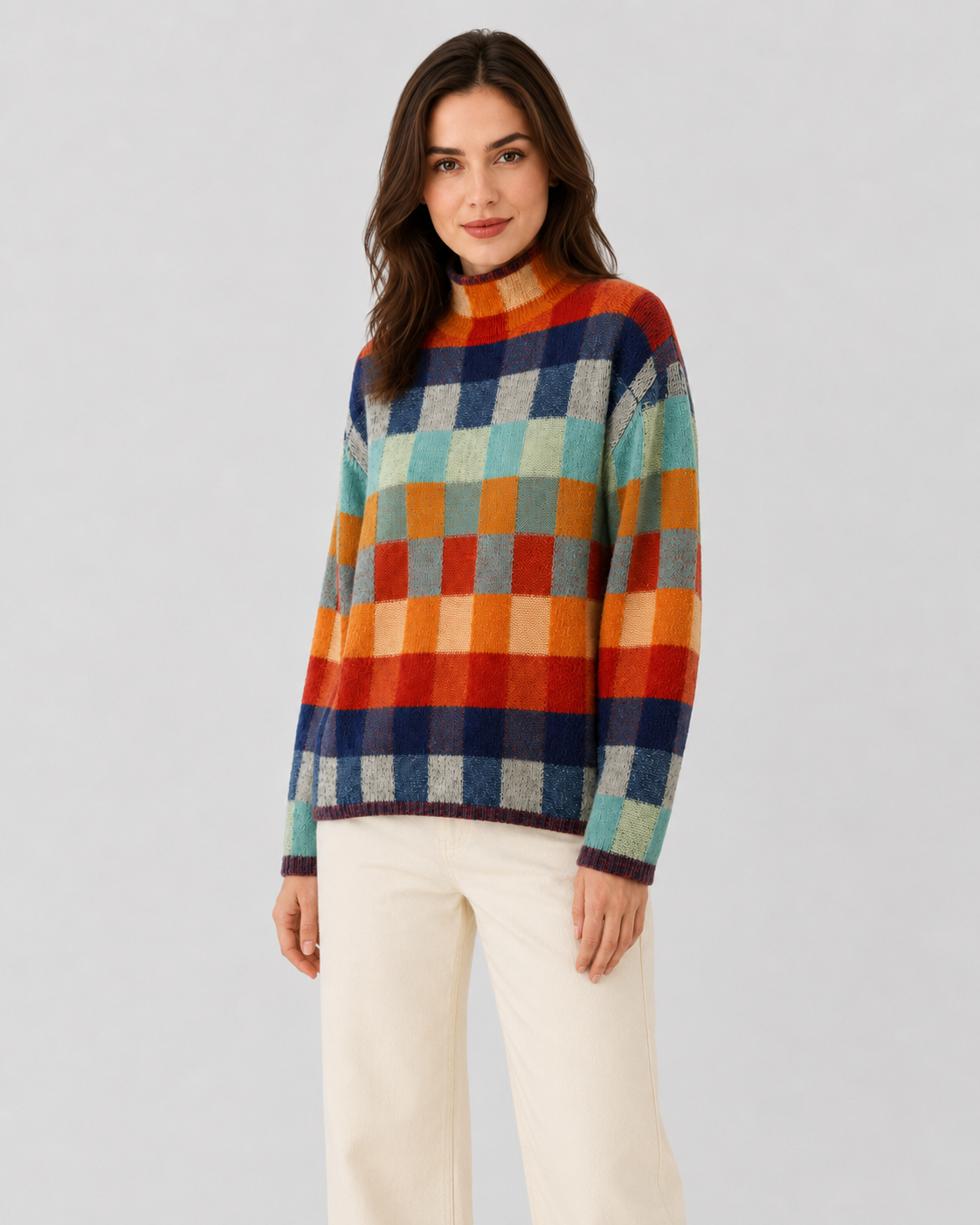 Women's Check Knit Turtleneck Jumper – Relaxed Fit