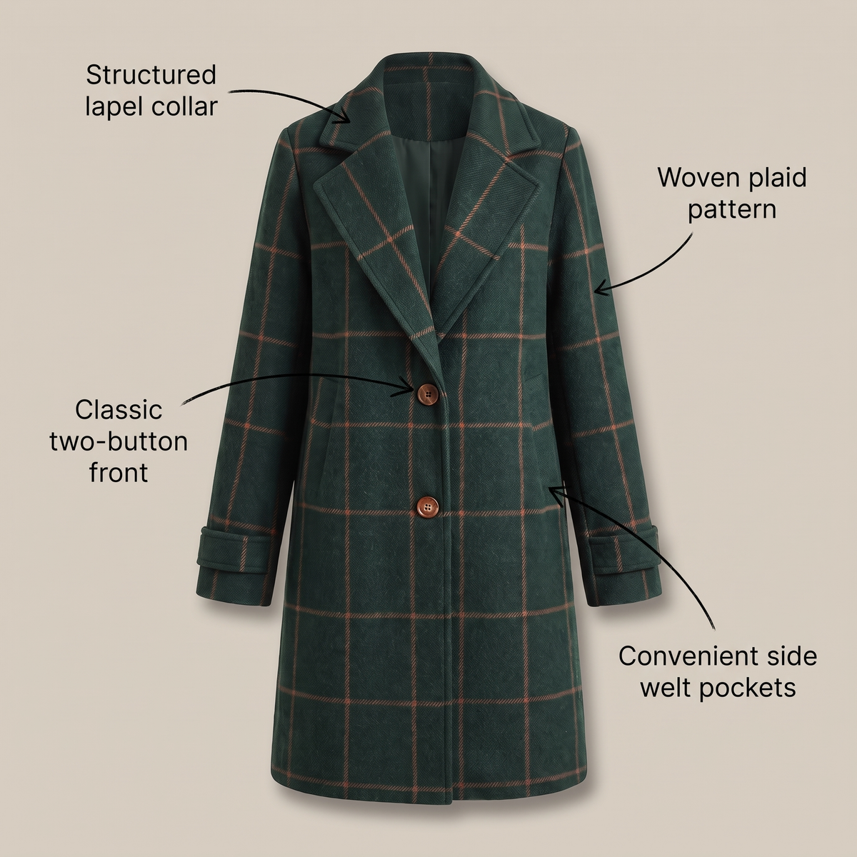 Kacob | Women's Check Notch Lapel Coat – Two Button Winter Coat