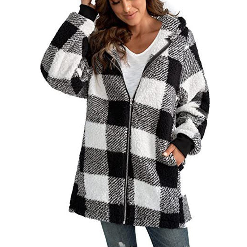 Kacob | Women's Check Teddy Coat – Hooded Fluffy Oversized Jacket