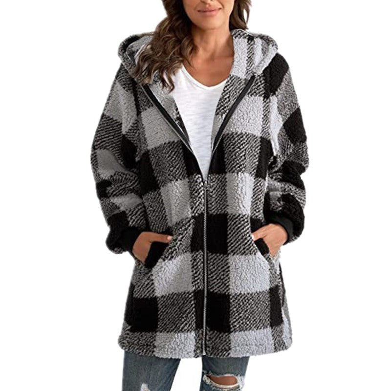 Kacob | Women's Check Teddy Coat – Hooded Fluffy Oversized Jacket