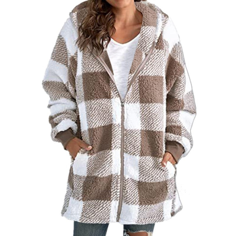 Kacob | Women's Check Teddy Coat – Hooded Fluffy Oversized Jacket