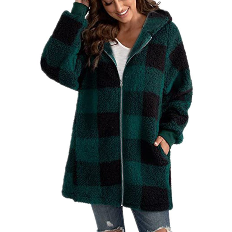 Kacob | Women's Check Teddy Coat – Hooded Fluffy Oversized Jacket