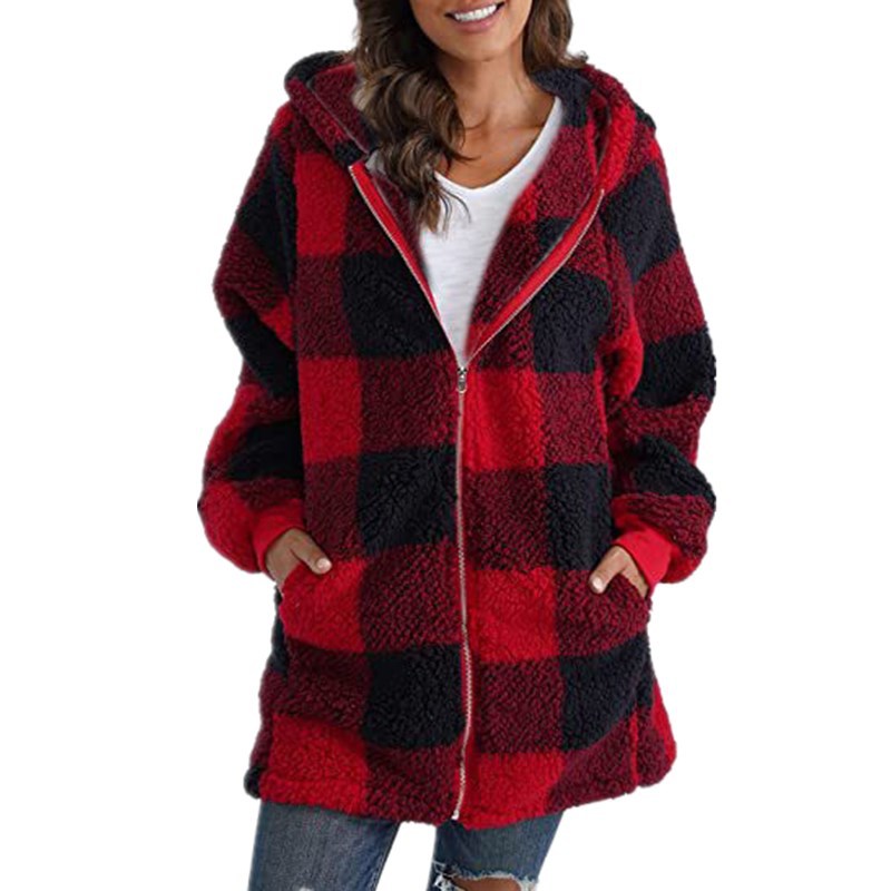 Kacob | Women's Check Teddy Coat – Hooded Fluffy Oversized Jacket