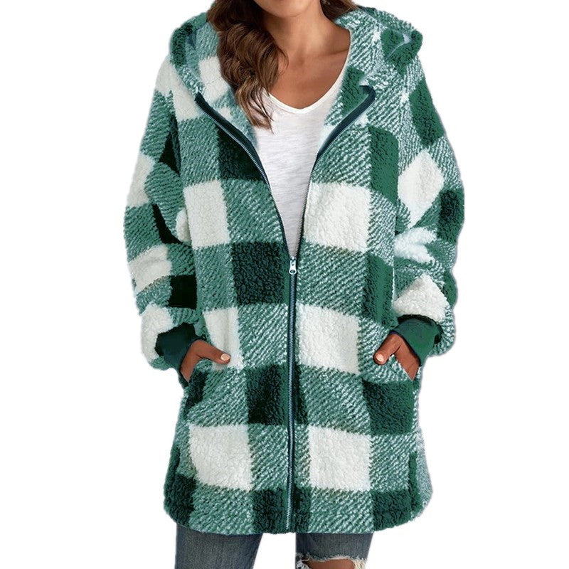 Kacob | Women's Check Teddy Coat – Hooded Fluffy Oversized Jacket