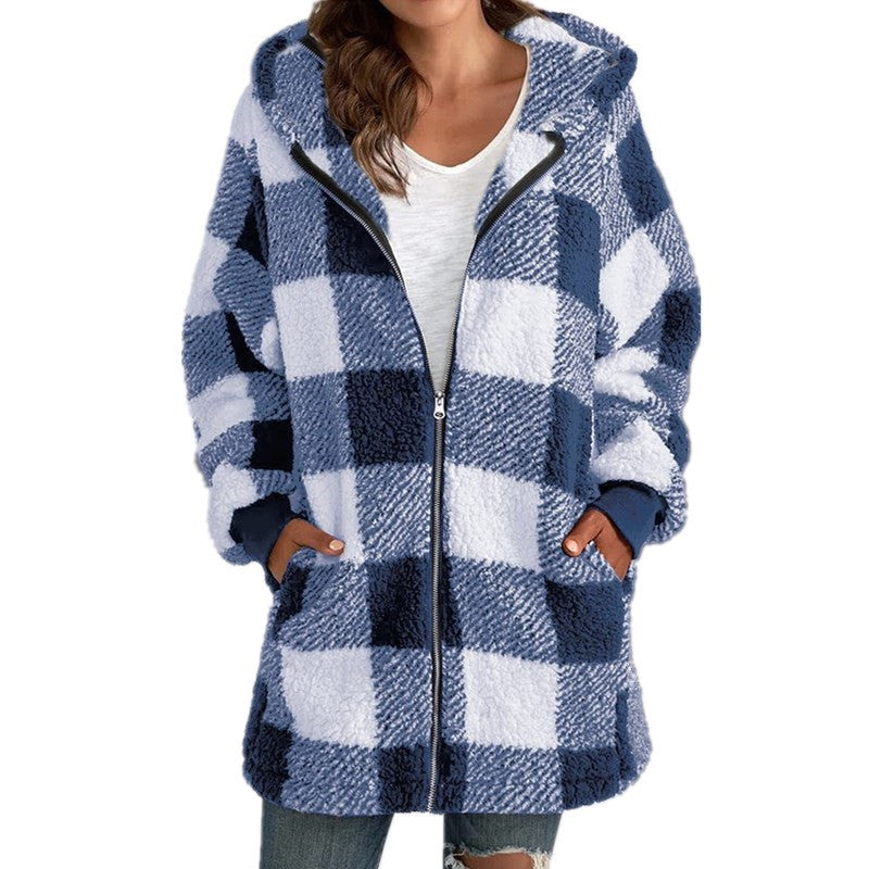 Kacob | Women's Check Teddy Coat – Hooded Fluffy Oversized Jacket