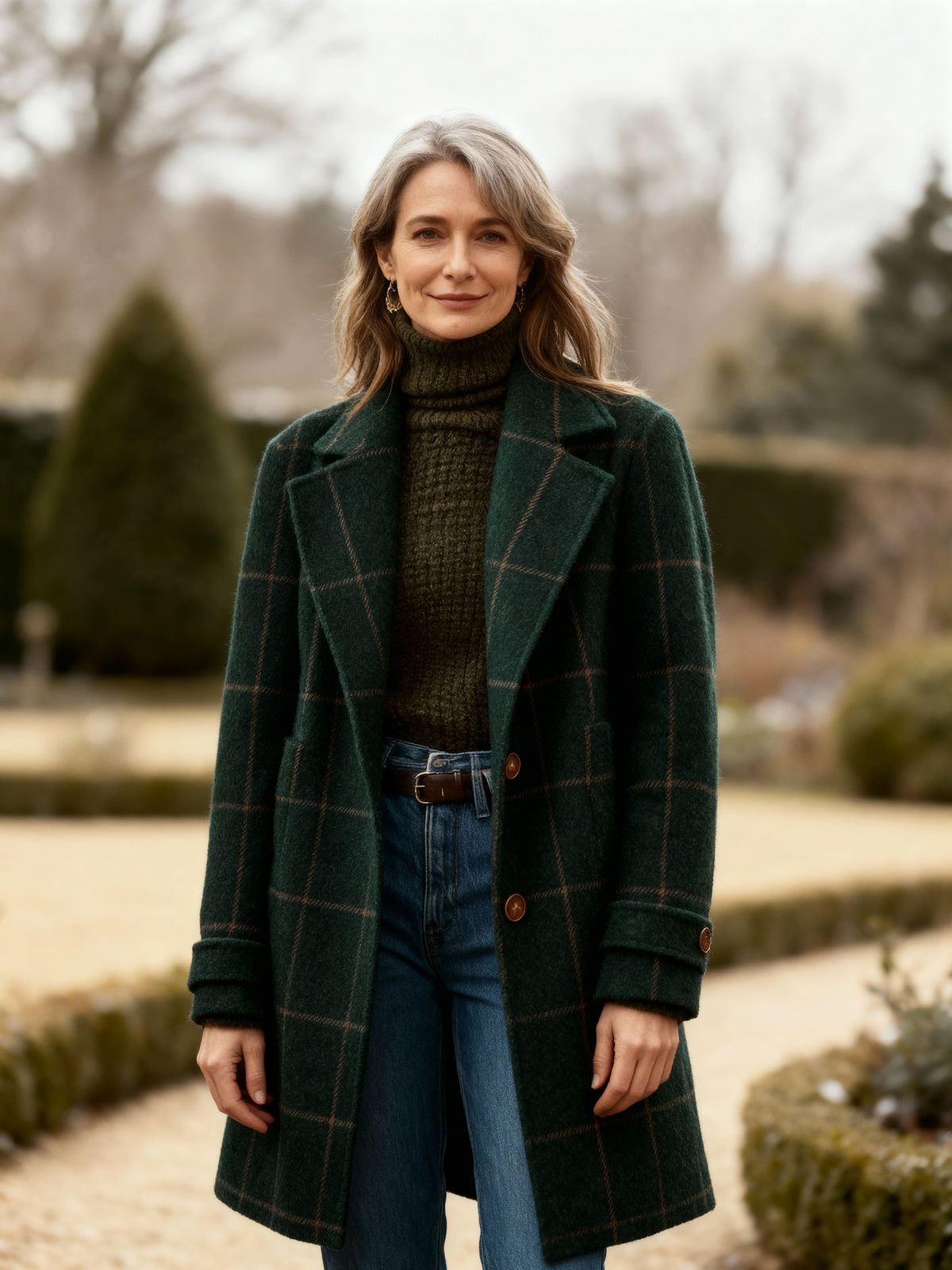 Kacob | Women's Check Winter Coat – Tailored Single Breasted Mid Length Coat