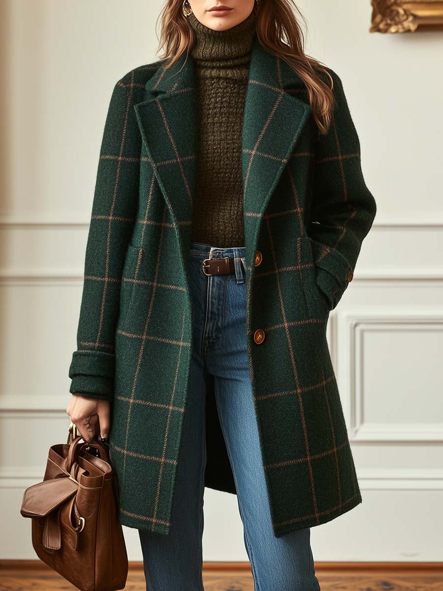 Kacob | Women's Check Winter Coat – Tailored Single Breasted Mid Length Coat