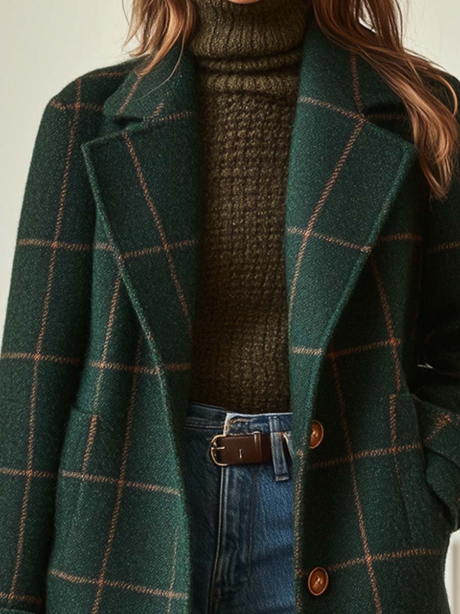 Kacob | Women's Check Winter Coat – Tailored Single Breasted Mid Length Coat