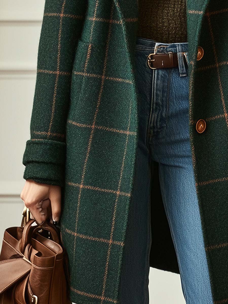 Kacob | Women's Check Winter Coat – Tailored Single Breasted Mid Length Coat