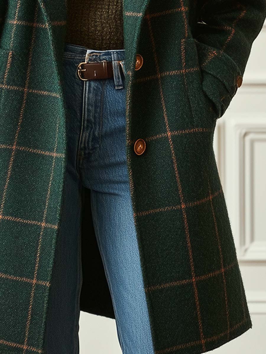 Kacob | Women's Check Winter Coat – Tailored Single Breasted Mid Length Coat
