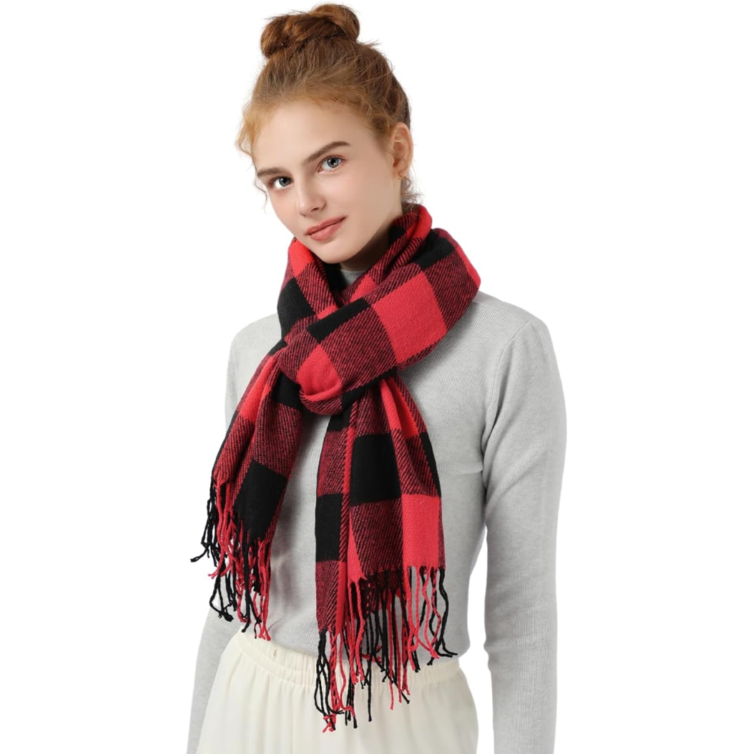 Women's Checked Blanket Scarf with Tassels