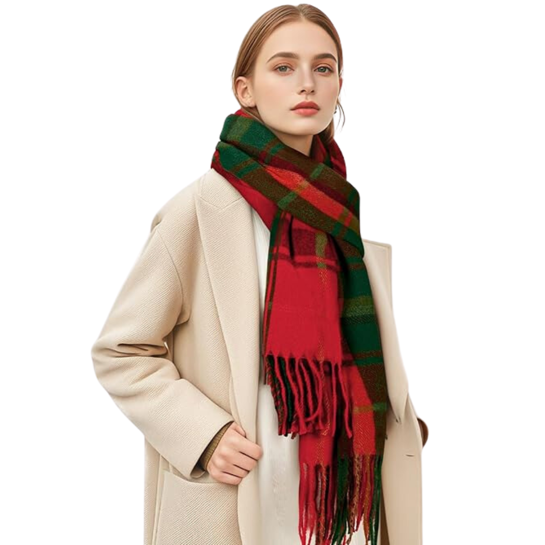 Women's Checked Blanket Scarf with Tassels