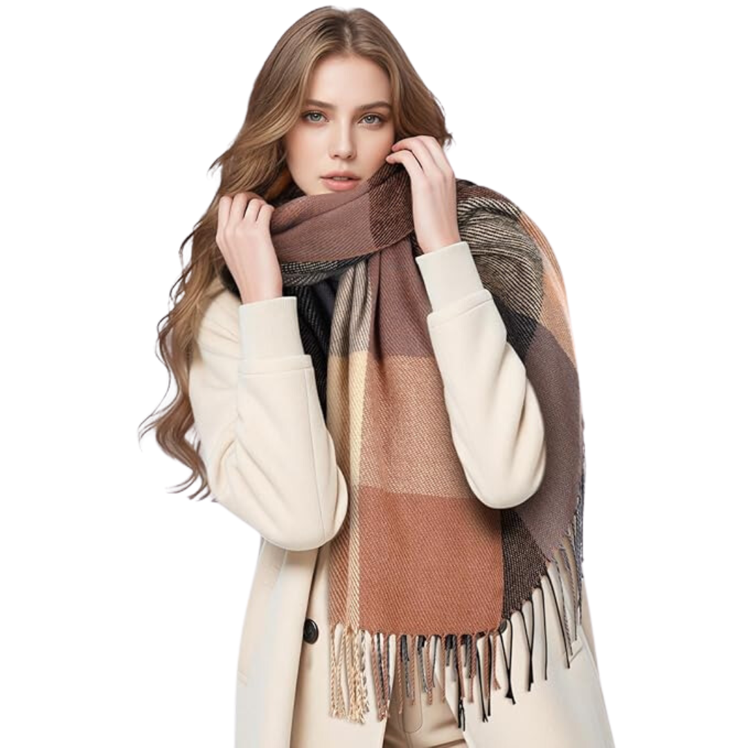 Women's Checked Blanket Scarf with Tassels