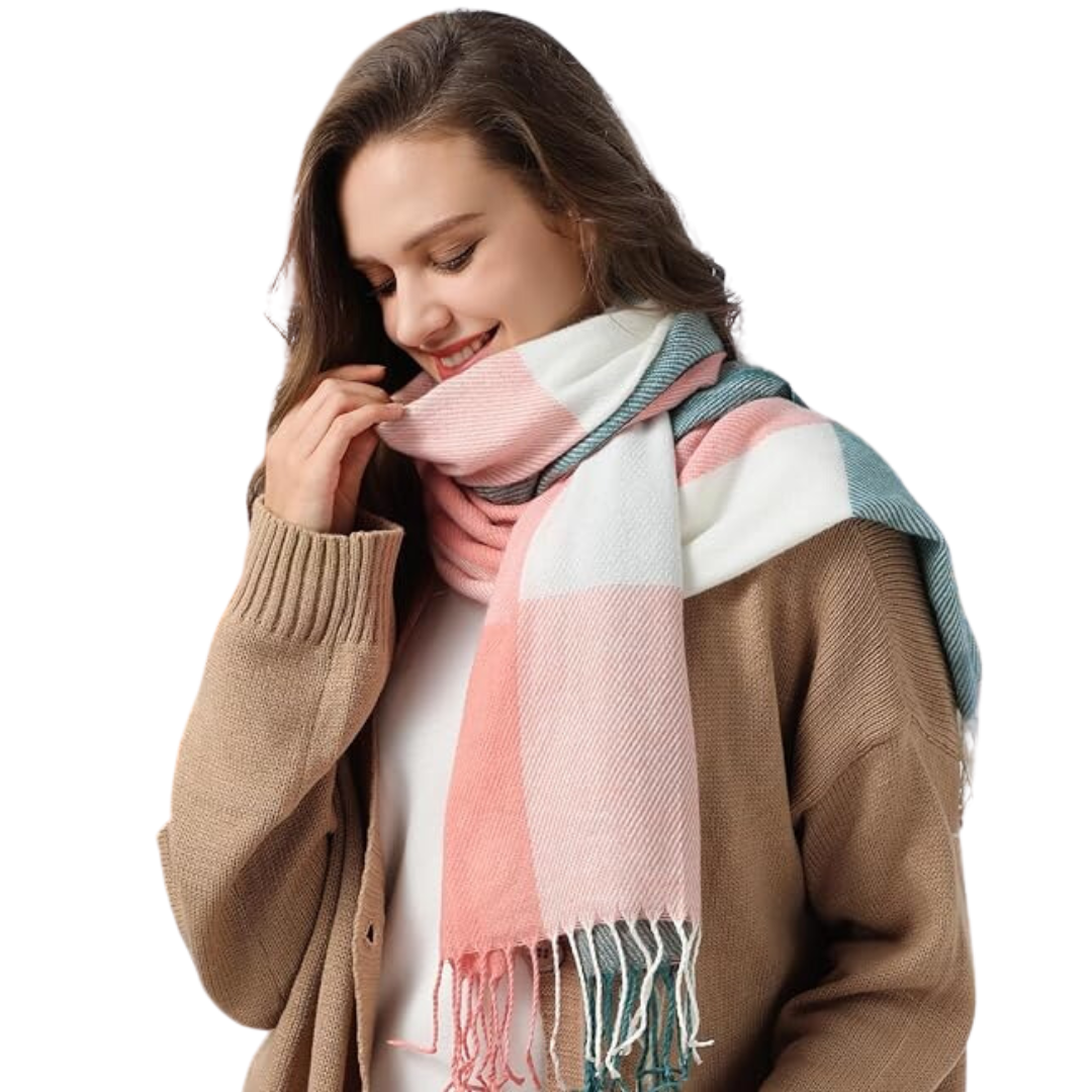 Women's Checked Blanket Scarf with Tassels