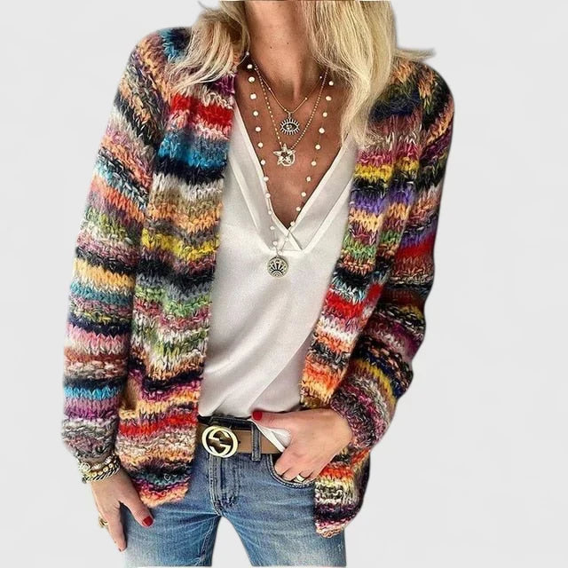 Women's Chunky Knit Boho Cardigan – Multicolour Striped Open Front Knit