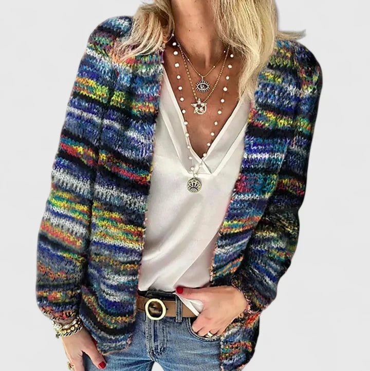 Women's Chunky Knit Boho Cardigan – Multicolour Striped Open Front Knit